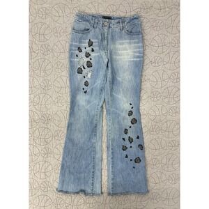 Roccobarocco Jeans Blue Leopard Rhinestone Distressed Flare / Womens 29